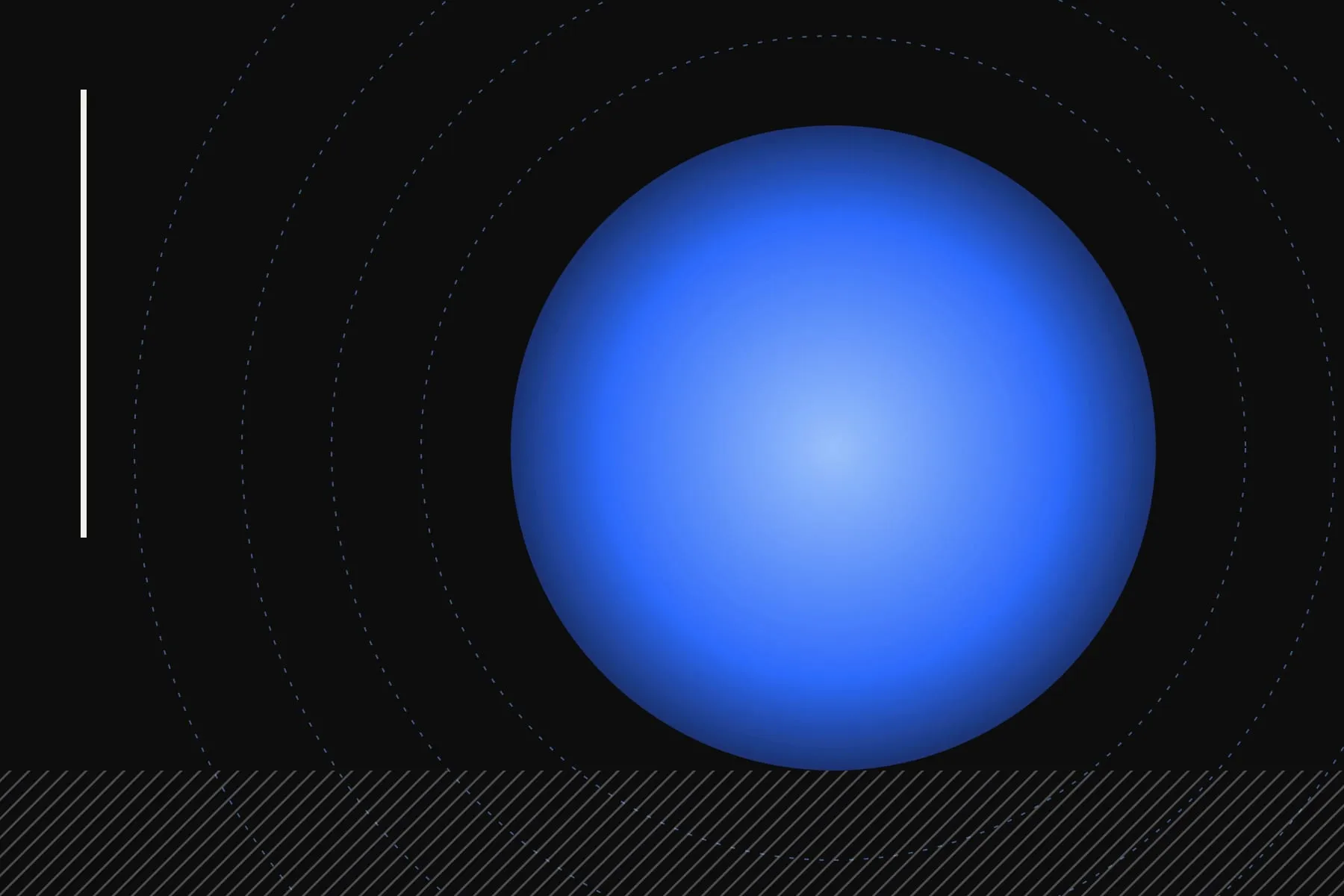 A luminous blue sphere with dashed orbital rings on a black field.